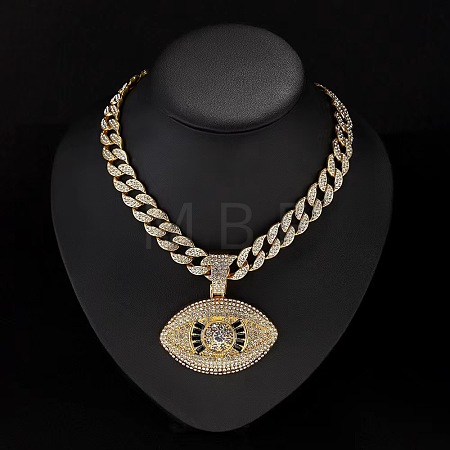 Zinc Alloy Full Crystal Rhinestone with Enamel Black Evil Eye Pendant Cuban Link Chain Necklaces for Men FS-WG3C954-01-1