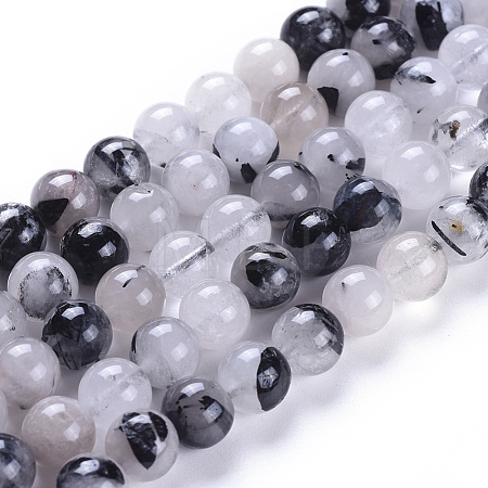 Natural Tourmalinated Quartz/Black Rutilated Quartz Beads Strands G-E558-04-8mm-1