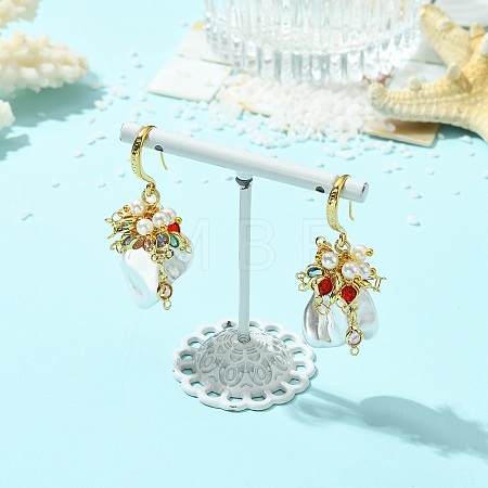 Shell Pearl Beads & Brass Dangle Earrings for Women EJEW-JE07261-1