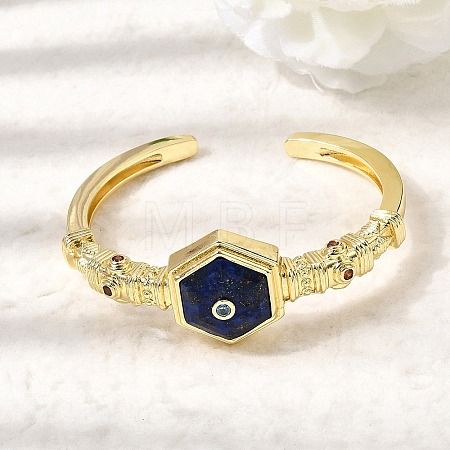 Hexagon Brass Pave Natural Lapis Lazuli & Cubic Zirconia Cuff Bangles for Women BJEW-Z172-01G-10-1