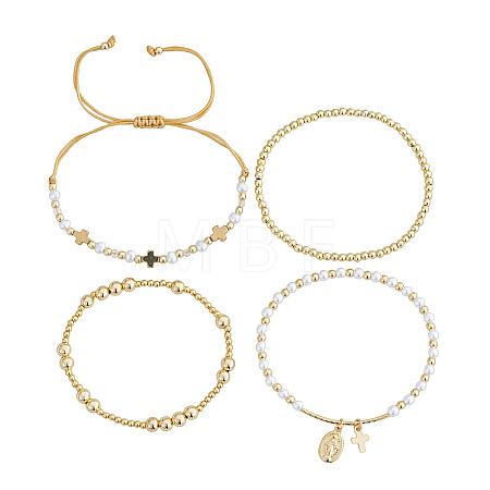 4Pcs Adjustable Plastic Imitation Pearl Beaded Braided Bracelet Sets CF9382-3-1