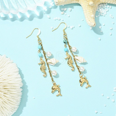 Shell Pearl Bead & 316 Surgical Stainless Steel Charms Dangle Earrings for Women EJEW-JE07274-1