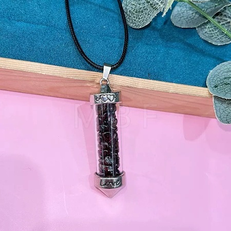 Zinc Alloy with Glass Hexagonal Bottle with Inner Natural Garnet Chips Pendant Black PU Leather Cord Necklaces ZW0534-3-1