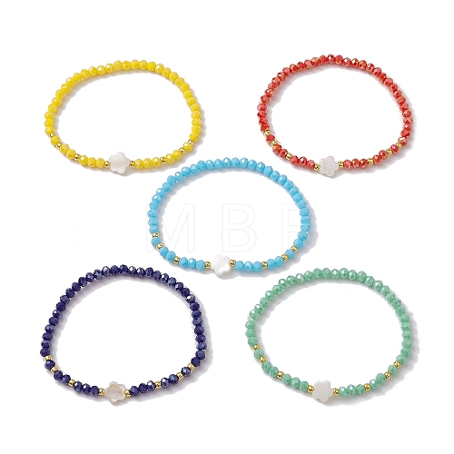 Flower Natural Shell & Glass & Seed Beaded Stretch Bracelet BJEW-JB10183-1