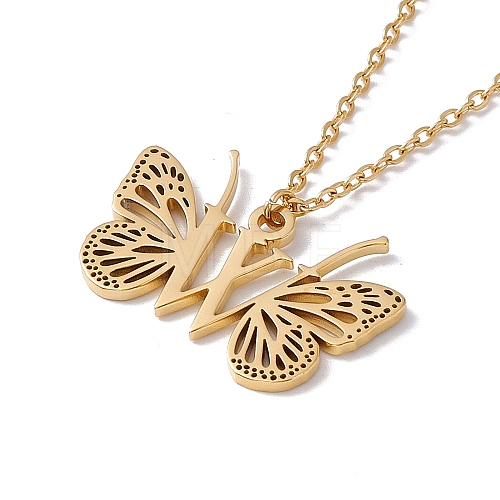 Initial Letter with Butterfly Pendant Necklace NJEW-C026-01G-W-1