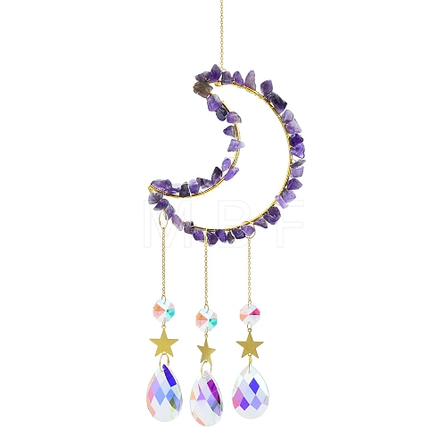 Wire Wrapped Natural Amethyst Chips & Metal Moon Hanging Ornaments PW-WG13974-02-1