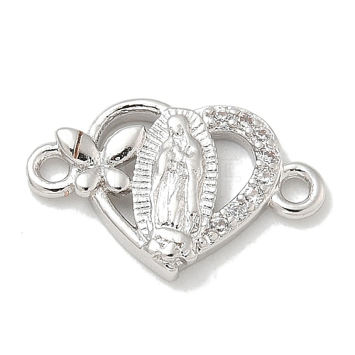 Rack Plating Brass Micro Pave Clear Cubic Zirconia Religion Heart Virgin Mary Connector Charms KK-L224-099P-01-1