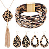 Leopard Print Teardrop Dangle Earrings & Multi-strand Bracelet & Tassel Pendant Necklace AJEW-AN0007-08-1