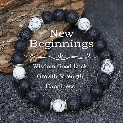 Synthetic Howlite & Natural Lava Rock Round Beads Stretch Bracelets for Women Men SU9412-2-1