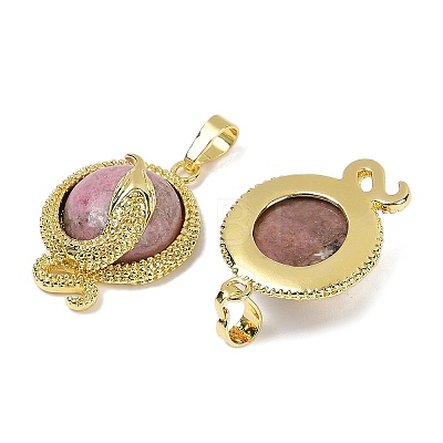 Natural Rhodonite Flat Round Shaped Brass Pendants KK-F887-03G-31-1