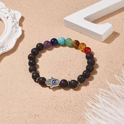 Natural & Synthetic Mixed Gemstone Stretch Bracelet with Alloy Hamsa Hand BJEW-TA00153-1