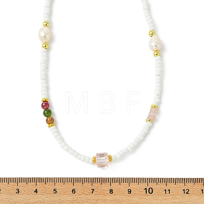 Natural Rose Quartz Heishi Beads & Rice Natural Pearl & Glass Seed Beaded Necklaces NJEW-JN06249-03-1