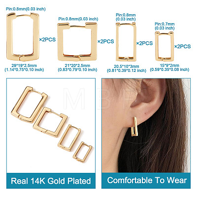  8Pcs 4 Size Brass Rectangle Hoop Earrings for Women EJEW-TA0001-12-1