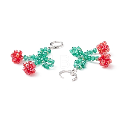 Glass Braided Cherry Long Dangle Leverback Earrings EJEW-TA00120-1