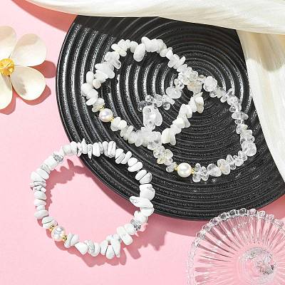 3Pcs 3 Styles Natural & Synthetic Mixed Gemstone Chip & Natural Cultured Freshwater Pearl Beaded Stretch Bracelets Set for Women BJEW-JB13762-01-1