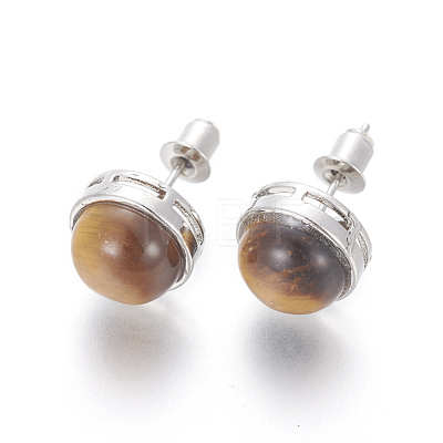 Natural Tiger Eye Stud Earrings EJEW-F162-H09-1