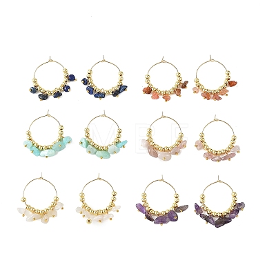 Natural Lapis Lazuli & Natural Amethyst & Natural South Red Agate & Natural White Moonstone & Natural Madagascar Rose Quartz & Natural Amazonite Chip & Brass Bead Hoop Earrings EJEW-JE07441-1