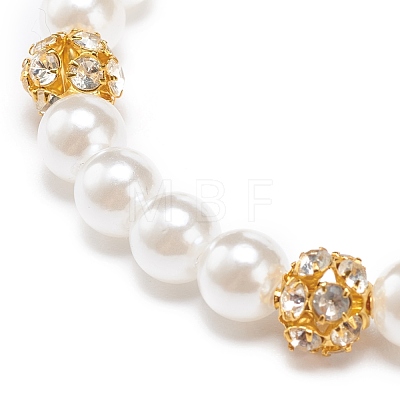 ABS Plastic Pearl & Brass Round Beaded Stretch Bracelet with Clear Rhinestone for Women BJEW-JB08523-01-1