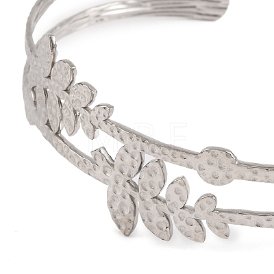 Non-Tarnish 304 Stainless Steel Hollow Leaf Open Cuff Bangles for Women BJEW-K241-03A-P-1