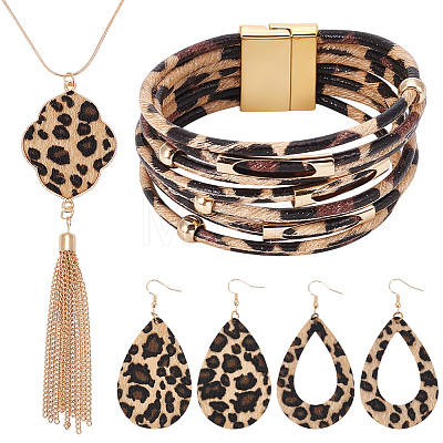 Leopard Print Teardrop Dangle Earrings & Multi-strand Bracelet & Tassel Pendant Necklace AJEW-AN0007-08-1
