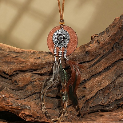 Ethnic Style Alloy & Wood Woven Web/Net with Feather Big Pendant Faux Suede Cord Necklaces for Women FS-WG285C1-11-1