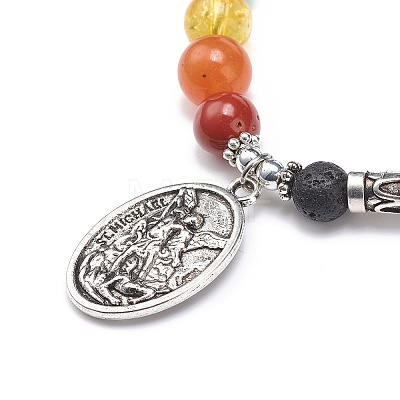 Natural Lava Rock & Mixed Stone Stretch Bracelet with Alloy Oval Charm BJEW-JB08733-01-1