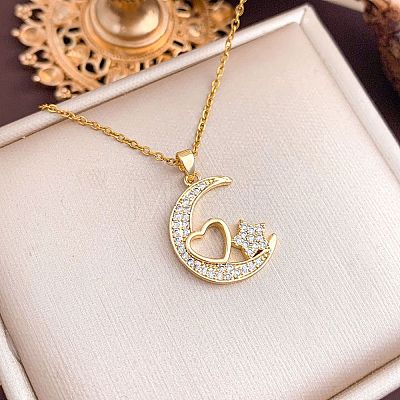 Brass Micro Pave Clear Cubic Zirconia Pendant 304 Stainless Steel Cable Chain Necklaces for Women WG79B21-07-1
