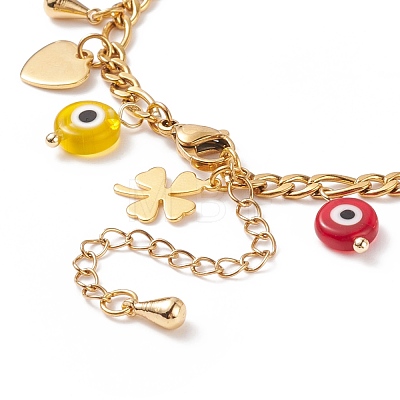 Lampwork Evil Eye & Brass Clover Heart Charms Bracelet with Stainless Steel Chains for Women BJEW-TA00141-1