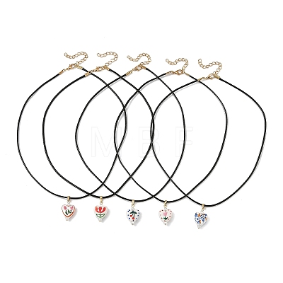 Printed Porcelain Heart Penant Black Waxed Cord Necklace for Women NJEW-JN06482-1
