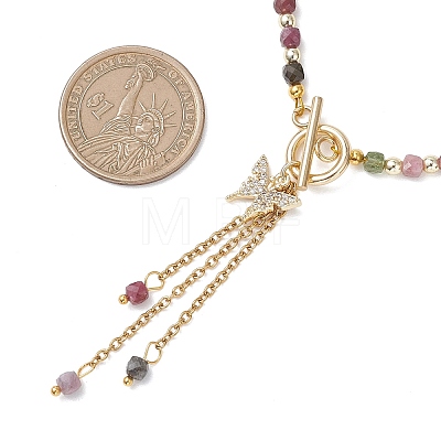 Natural Multicolor Tourmaline Faceted Cube Beaded Brass Micro Pave Clear Cubic Zirconia Butterfly Pendant OT Lariat Necklaces for Women NJEW-JN05807-1