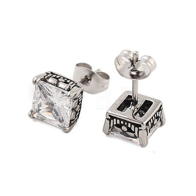 Square 316 Surgical Stainless Steel Pave Cubic Zirconia Stud Earrings for Women Men EJEW-Z050-03B-AS-1