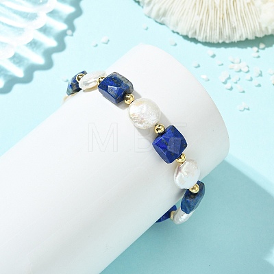 Natural Lapis Lazuli & Keshi Pearl Beaded Bracelets for Women BJEW-JB14007-02-1