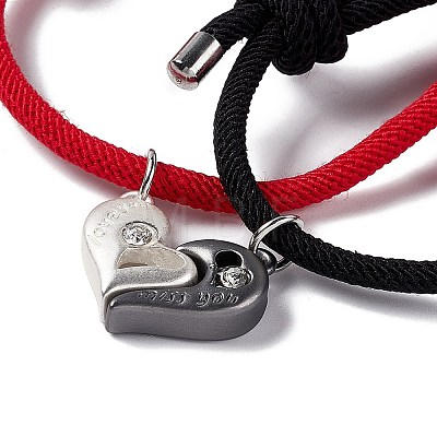 2Pcs 2 Color Crystal Rhinestone Matching Heart Charm Bracelets Set BJEW-E011-02BS-1