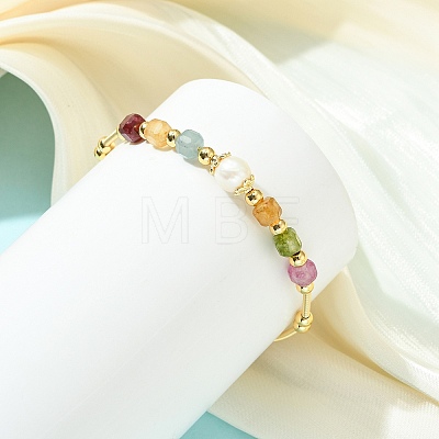 Natural Gemstone & Freshwater Pearl Beaded Copper French Wired Cuff Bangles for Women BJEW-JB13987-1