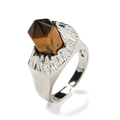 Hexagonal Prism Natural Tiger Eye Open Cuff Rings RJEW-B106-01P-06-1