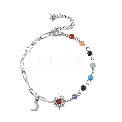 7 Chakra Gemstone Beaded Chain & 304 Stainless Steel Paperclip Chain Bracelets BJEW-JB14411-01-1