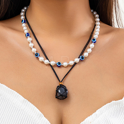 Gemstone Pendant Imitation Pearl & Acrylic Beaded Double Layer Necklaces FS-WG27ECA-09-1
