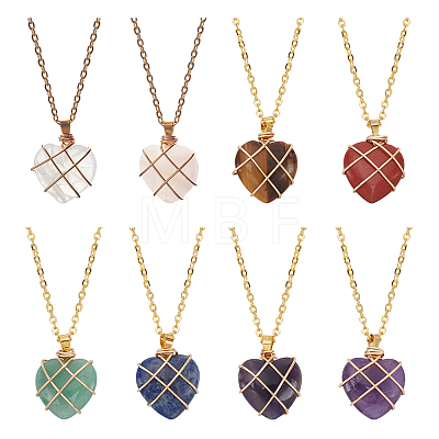 8Pcs 8 Style Natural Mixed Gemstone Heart Pendant Necklaces Set NJEW-AN0001-48-1