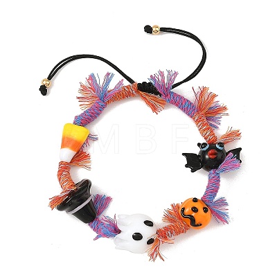 Halloween Handmade Lampwork Ghost Pumpkin Bat Braided Bead Bracelets BJEW-TA00771-1