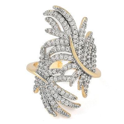 Leaf Brass Micro Pave Clear Cubic Zirconia Open Cuff Ring for Women RJEW-Q819-04G-1