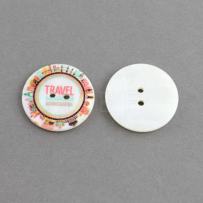 Flat Round 2-Hole Printing Sewing Freshwater Shell Buttons X-SHEL-S241-13-1