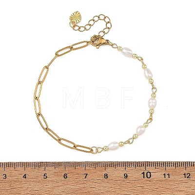 Natural Pearl Rice Beaded Chain Bracelets with 304 Stainless Steel Paperclip Chains BJEW-JB14234-01-1