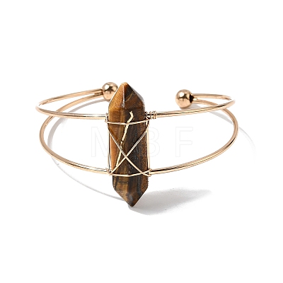 Brass Wire Wrapped Natural Tiger Eye Hexagon Point Cuff Bangles for Women BJEW-L719-01G-03-1