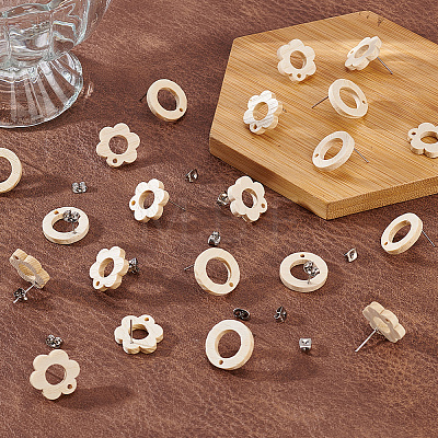 Unicraftale 32Pcs 2 Style Donut & Flower Natural Ash Wood Stud Earring Findings EJEW-UN0002-28-1