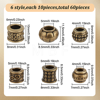 GOMAKERER 60Pcs 6 Styles Tibetan Style European Beads FIND-GO0001-27-1