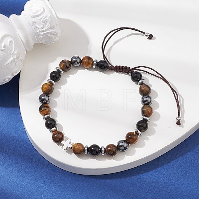 Natural Tiger Eye & Obsidian Round & Brass Cross Braided Bead Bracelets BJEW-JB09704-02-1
