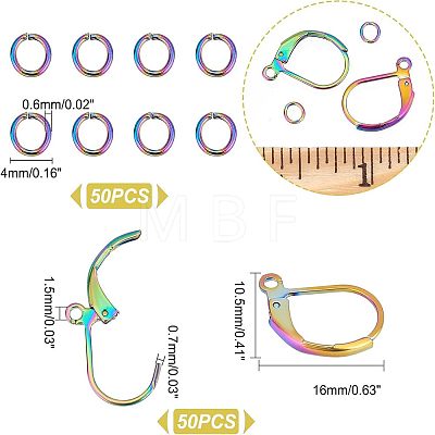 Unicraftale 50Pcs Rainbow Color 304 Stainless Steel Leverback Earring Findings STAS-UN0038-46-1