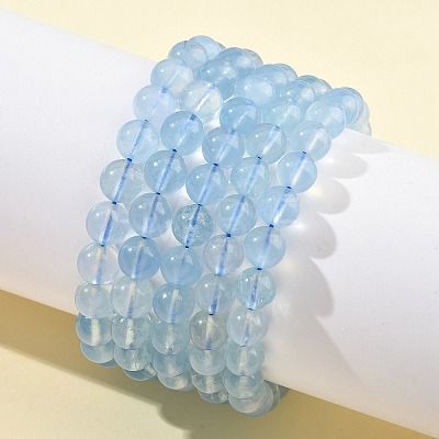 Natural Aquamarine Round Bead Stretch Bracelets for Men Women BJEW-U034-01D-02-1