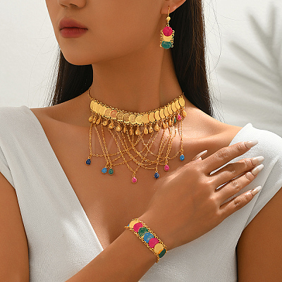 Fashion Brass Teardrop Tassel Coin Earrings & Necklace & Bracelet Sets for Women VY0534-1