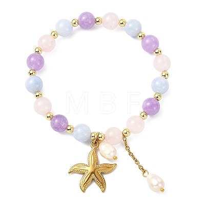 Natural Aquamarine & Rose Quartz & Amethyst Round Beads Stretch Bracelets BJEW-JB14145-01-1